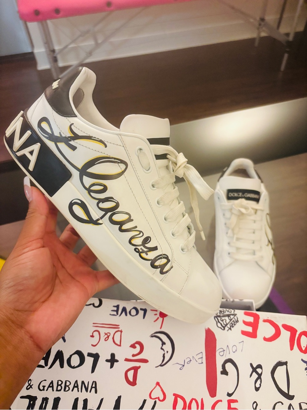 Dolce & Gabbana White Leather Low-Top Sneakers with Black Script